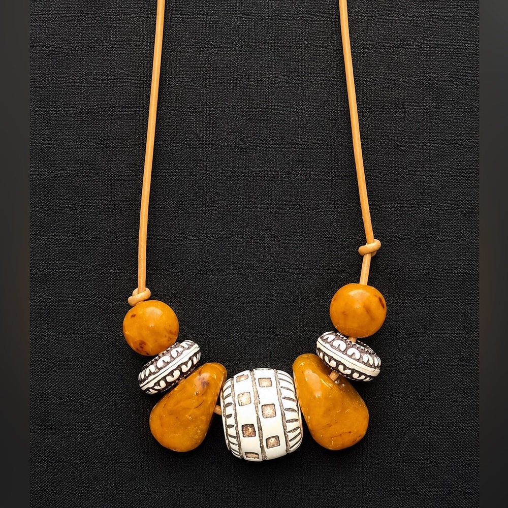 Vintage Amber Yellow Bead Necklace with Silver Accents